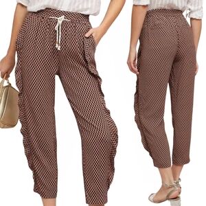 Anthropologie Makari Ruffled Joggers Brown Cropped Pants with Relaxed Fit Size M